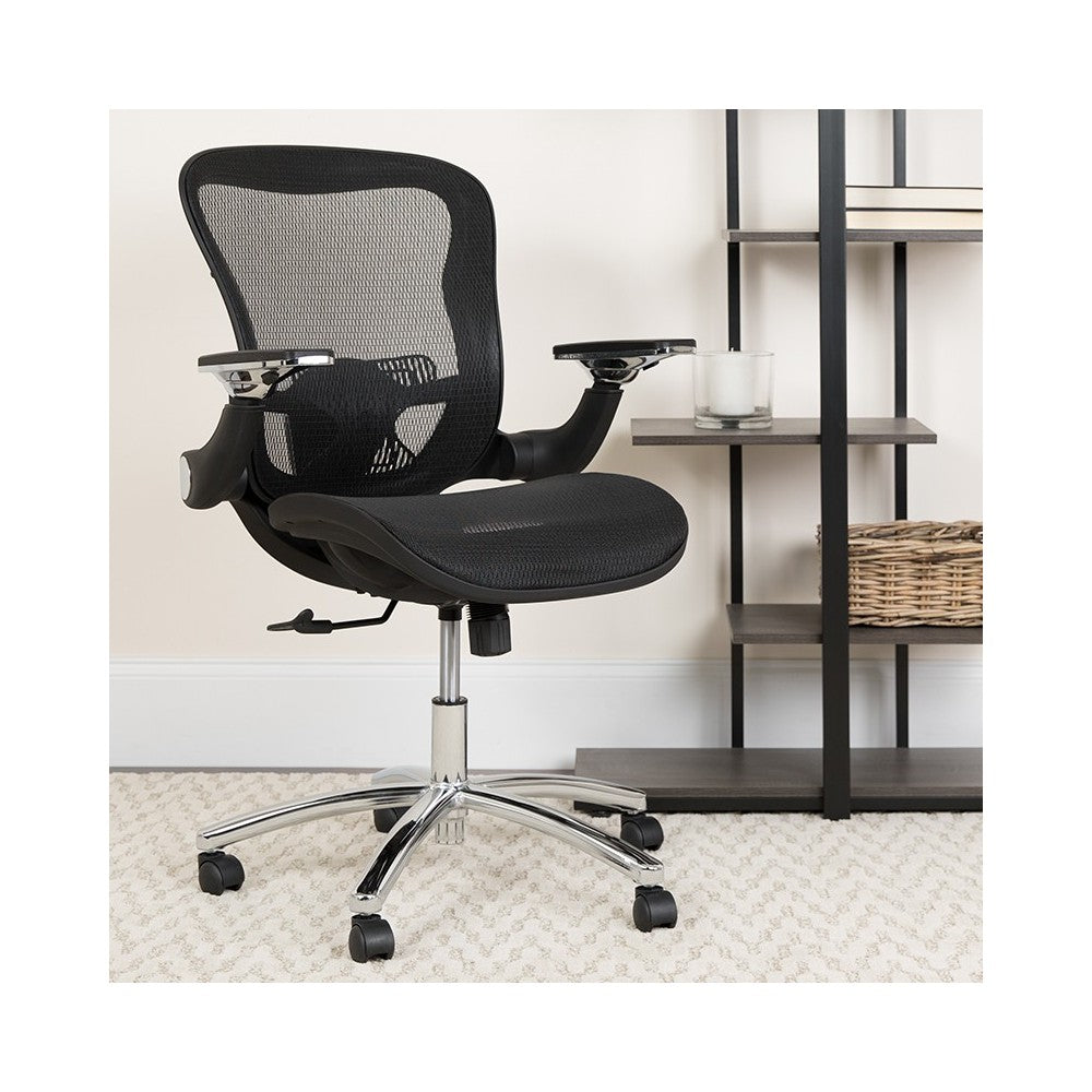 Mid-Back Transparent Black Mesh Executive Swivel Ergonomic Office Chair with Synchro-Tilt & Height Adjustable Flip-Up Arms