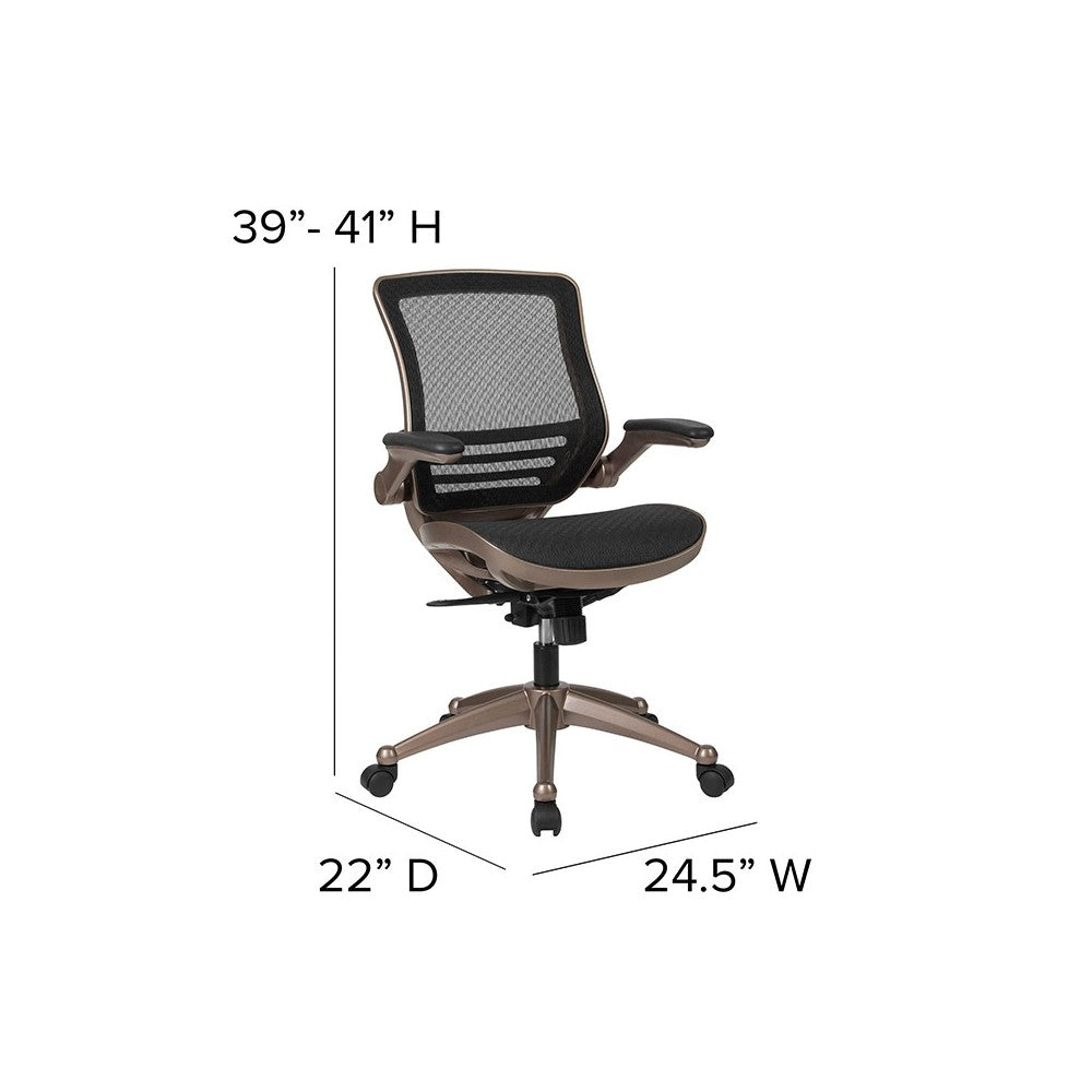 Mid-Back Transparent Black Mesh Executive Swivel Office Chair with Melrose Gold Frame and Flip-Up Arms