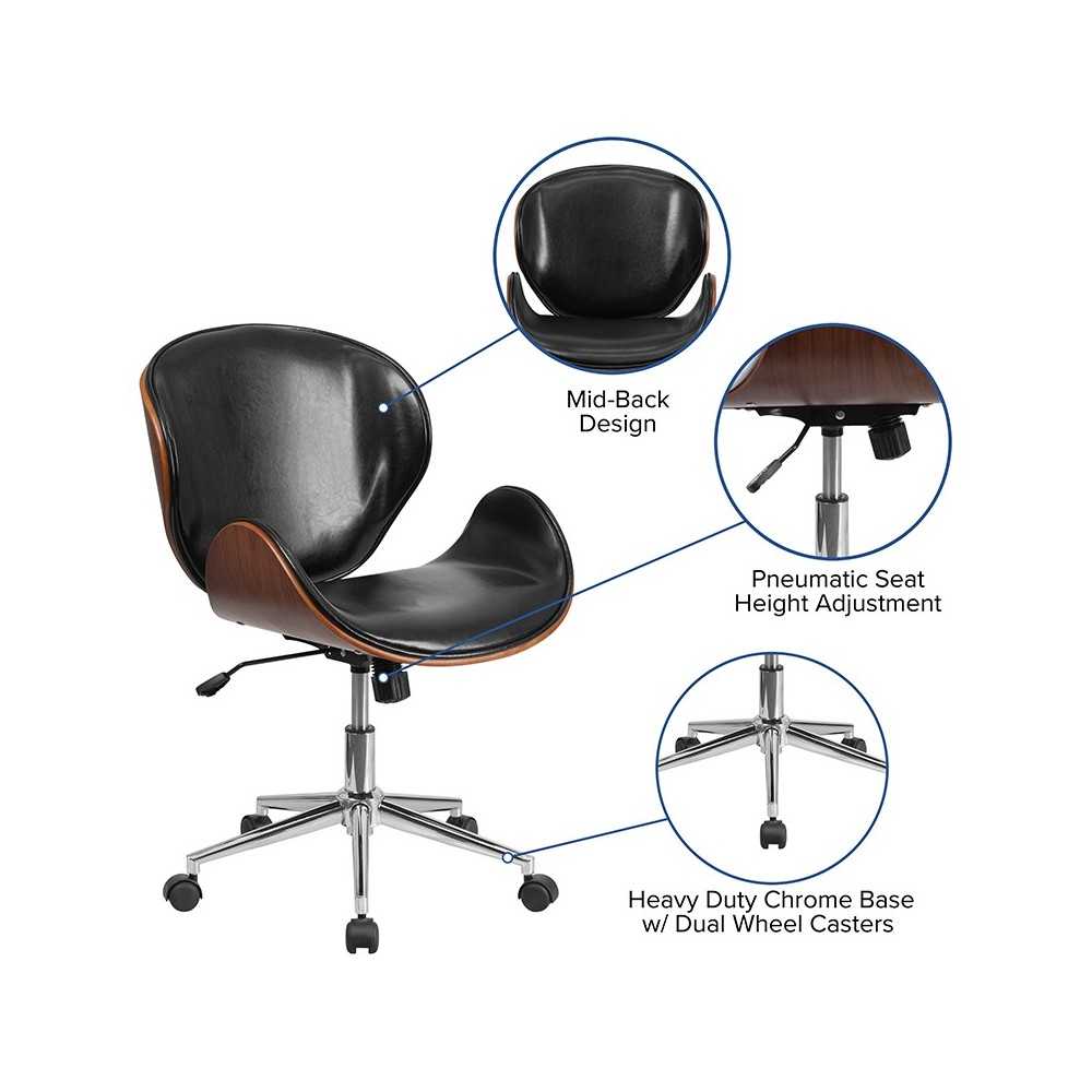 Mid-Back Walnut Wood Conference Office Chair in Black LeatherSoft