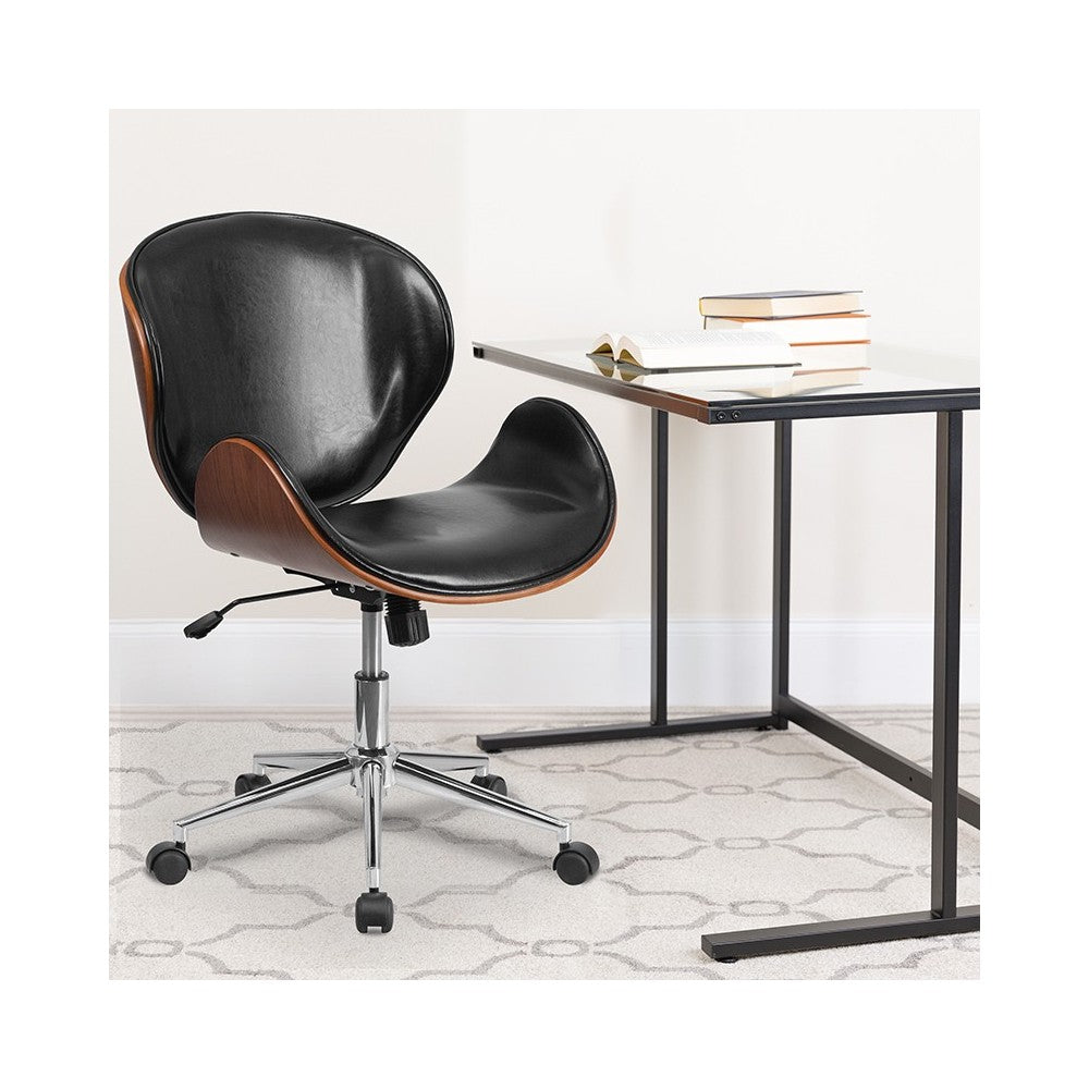 Mid-Back Walnut Wood Conference Office Chair in Black LeatherSoft