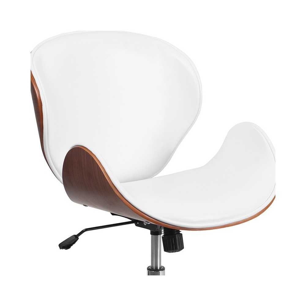 Mid-Back Walnut Wood Conference Office Chair in White LeatherSoft