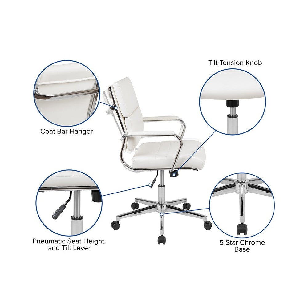 Mid-Back White LeatherSoft Contemporary Panel Executive Swivel Office Chair