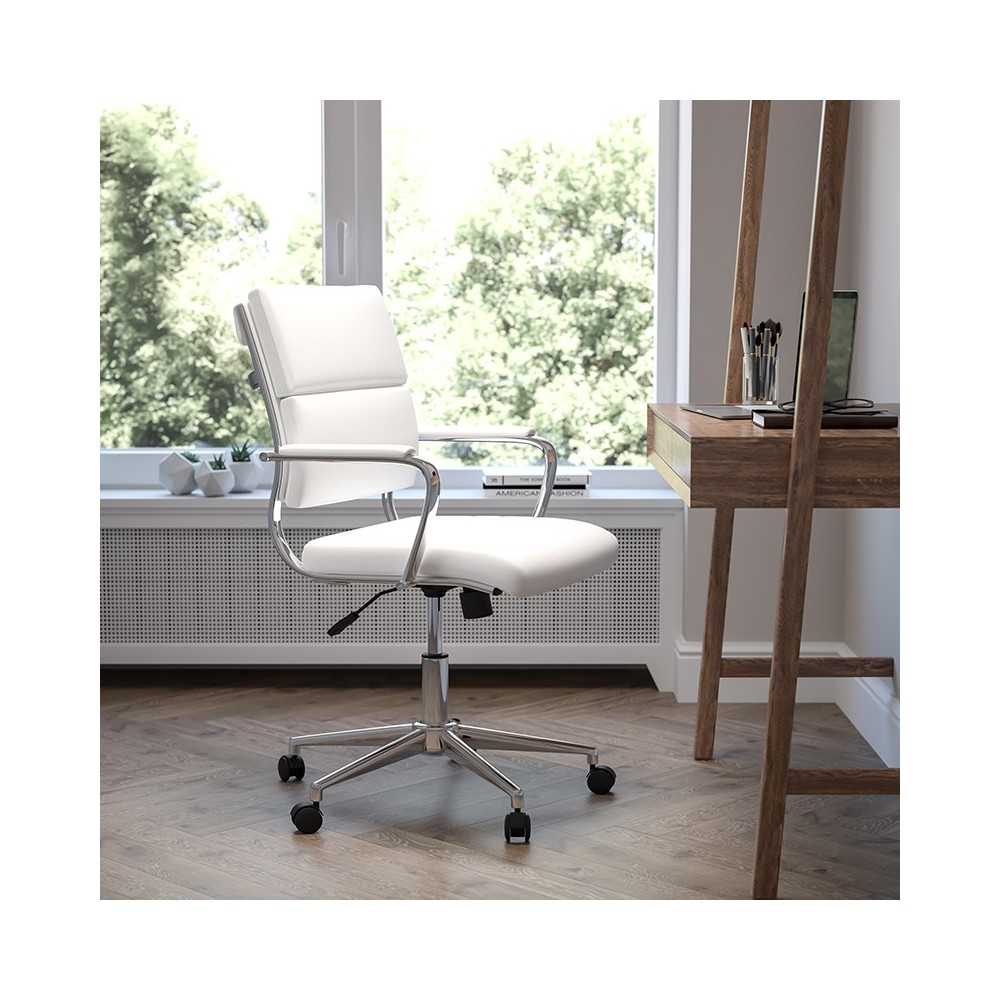 Mid-Back White LeatherSoft Contemporary Panel Executive Swivel Office Chair