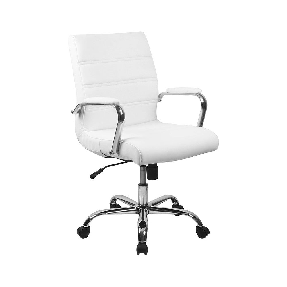 Mid-Back White LeatherSoft Executive Swivel Office Chair with Chrome Base and Arms