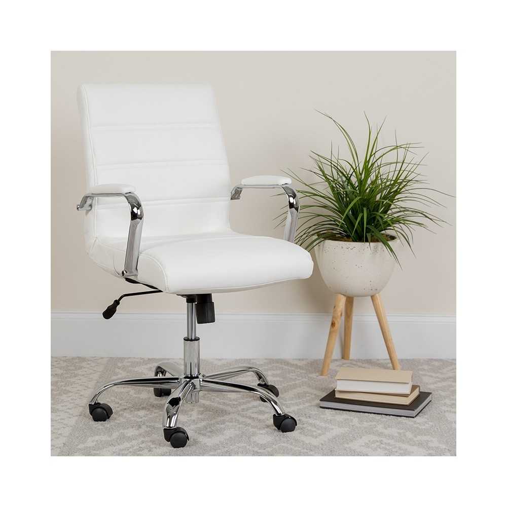 Mid-Back White LeatherSoft Executive Swivel Office Chair with Chrome Base and Arms