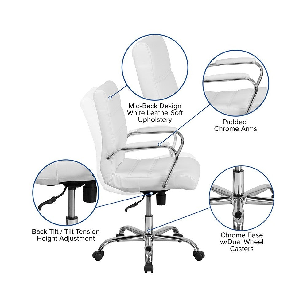 Mid-Back White LeatherSoft Executive Swivel Office Chair with Chrome Base and Arms