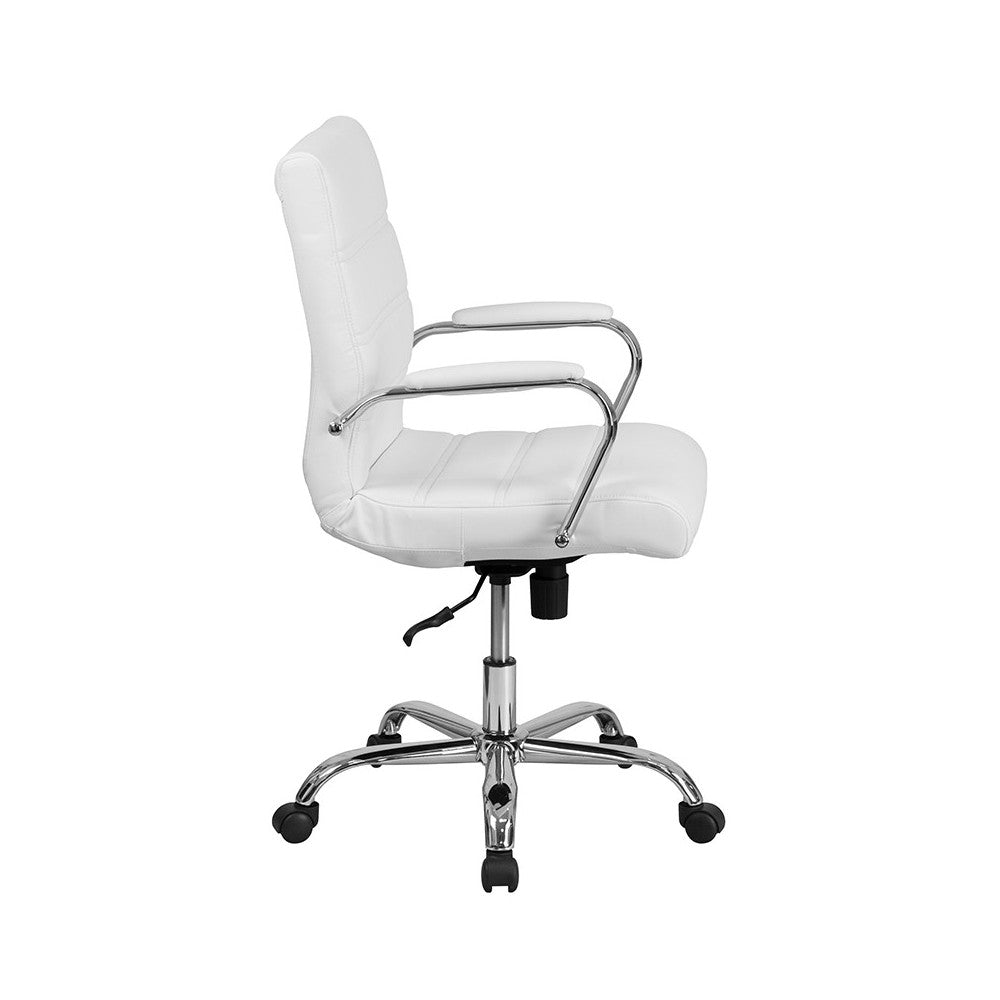 Mid-Back White LeatherSoft Executive Swivel Office Chair with Chrome Base and Arms