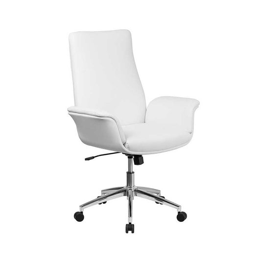 Mid-Back White LeatherSoft Executive Swivel Office Chair with Flared Arms