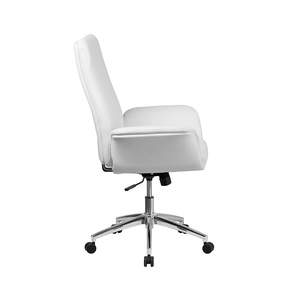 Mid-Back White LeatherSoft Executive Swivel Office Chair with Flared Arms