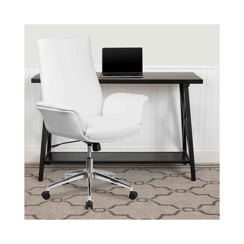 Mid-Back White LeatherSoft Executive Swivel Office Chair with Flared Arms