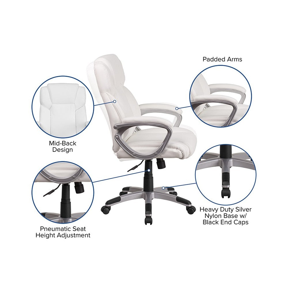Mid-Back White LeatherSoft Executive Swivel Office Chair with Padded Arms