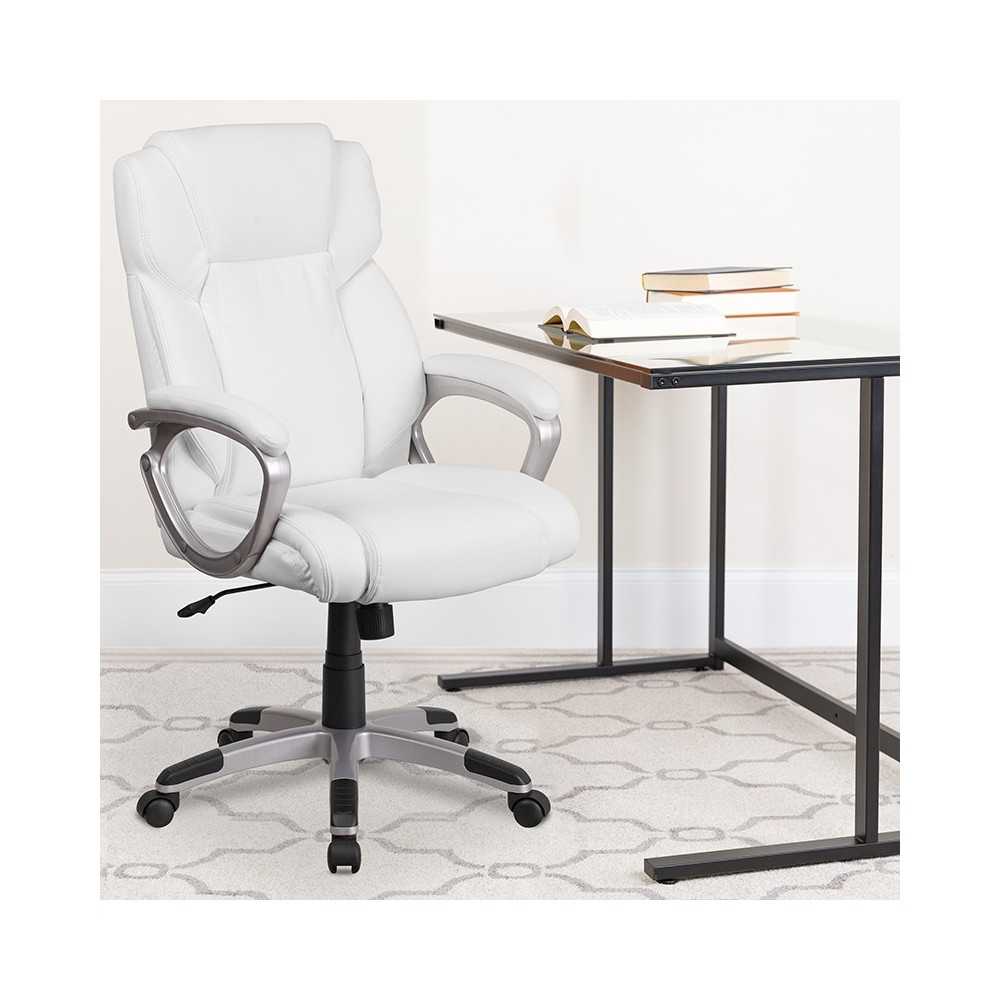 Mid-Back White LeatherSoft Executive Swivel Office Chair with Padded Arms