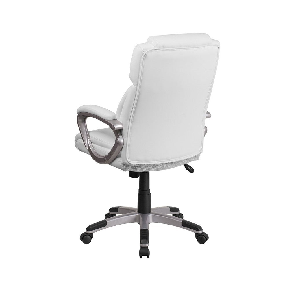 Mid-Back White LeatherSoft Executive Swivel Office Chair with Padded Arms