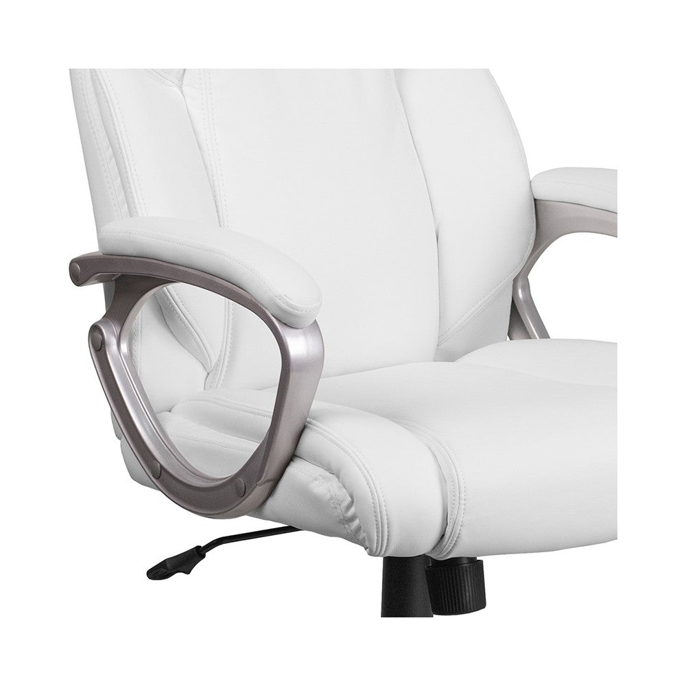 Mid-Back White LeatherSoft Executive Swivel Office Chair with Padded Arms