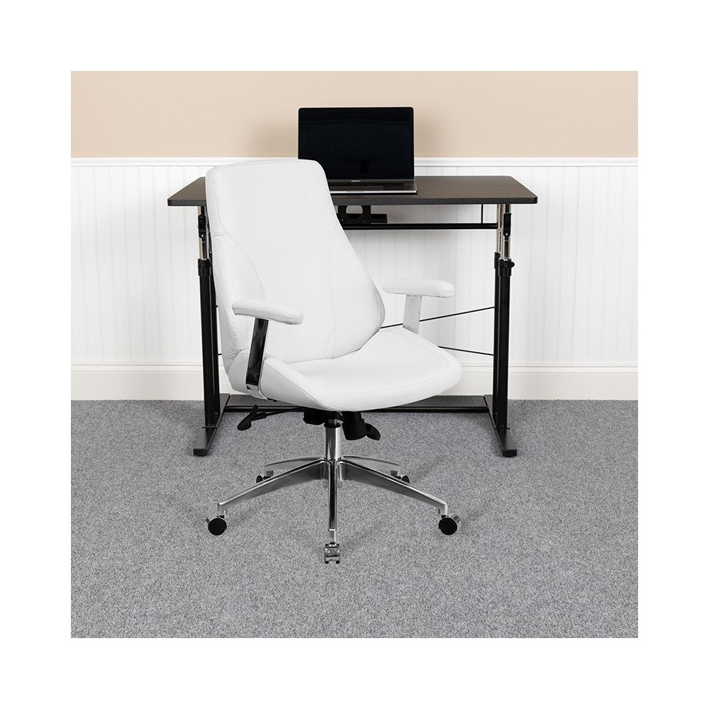 Mid-Back White LeatherSoft Smooth Upholstered Executive Swivel Office Chair with Arms