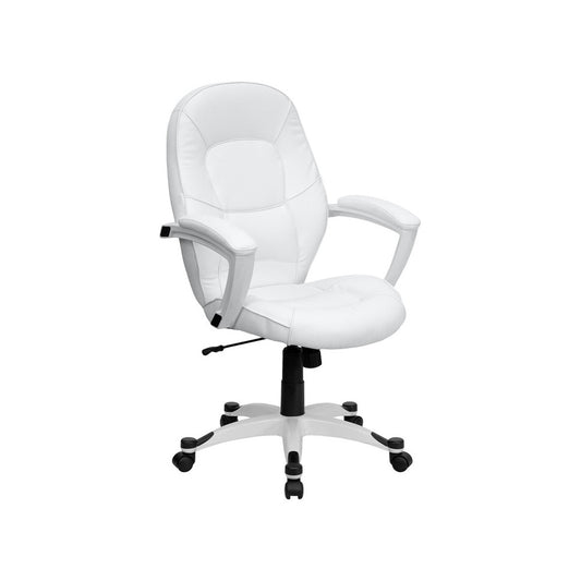 Mid-Back White LeatherSoft Tapered Back Executive Swivel Office Chair with White Base and Arms