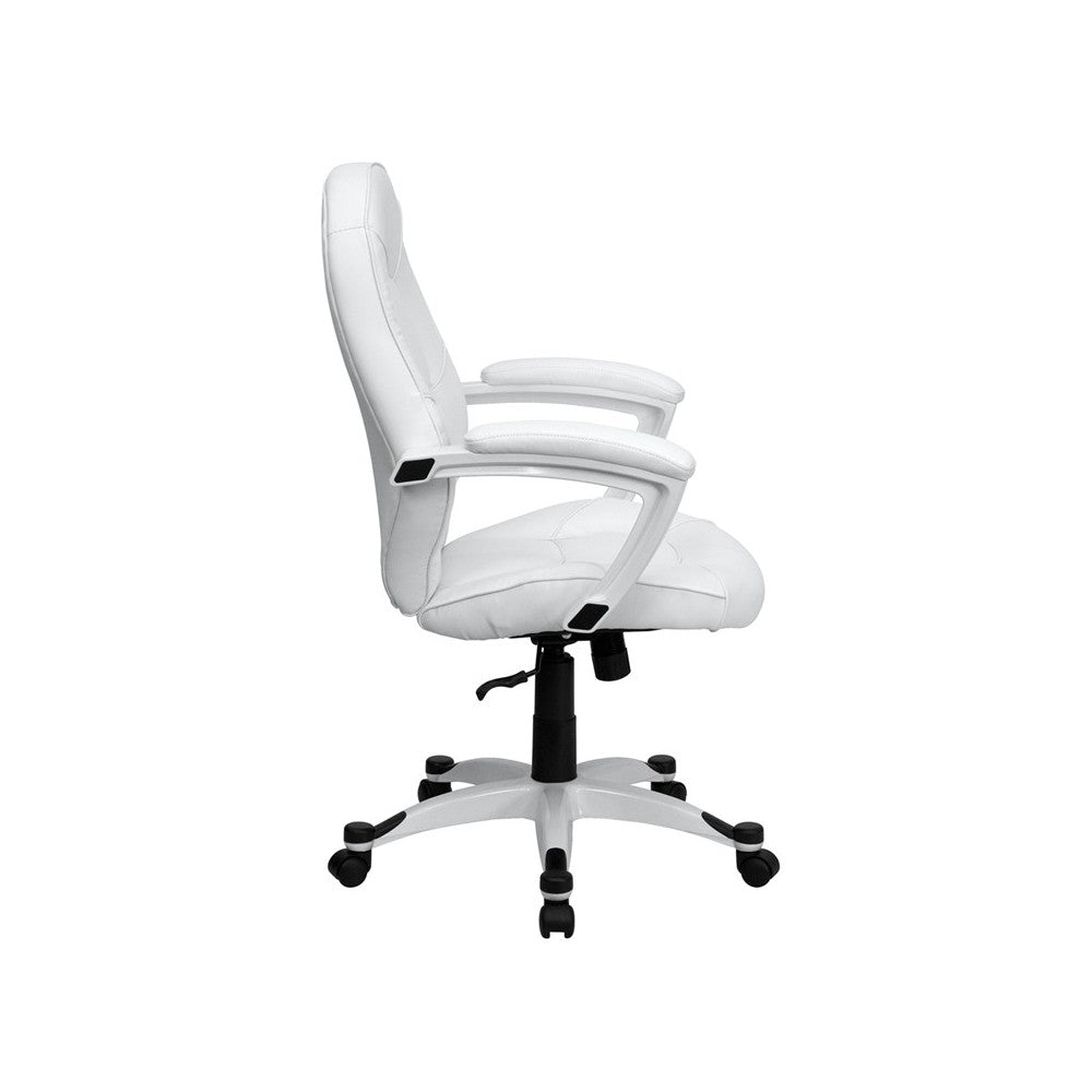 Mid-Back White LeatherSoft Tapered Back Executive Swivel Office Chair with White Base and Arms