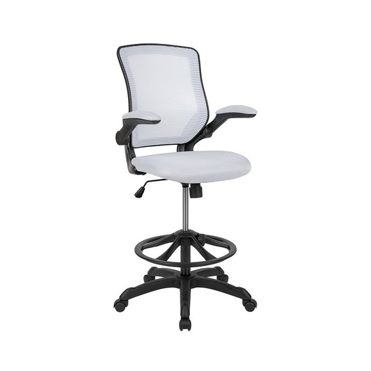 Mid-Back White Mesh Ergonomic Drafting Chair with Adjustable Foot Ring and Flip-Up Arms