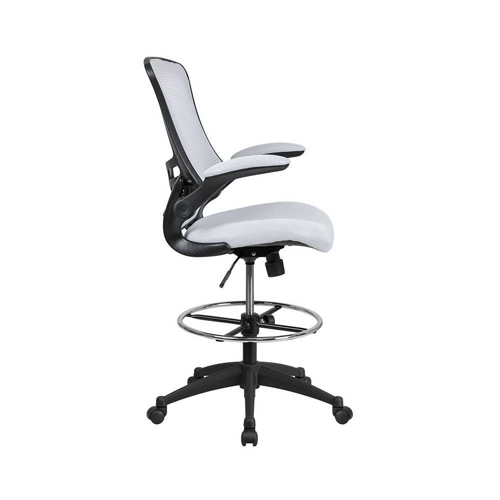 Mid-Back White Mesh Ergonomic Drafting Chair with Adjustable Foot Ring and Flip-Up Arms