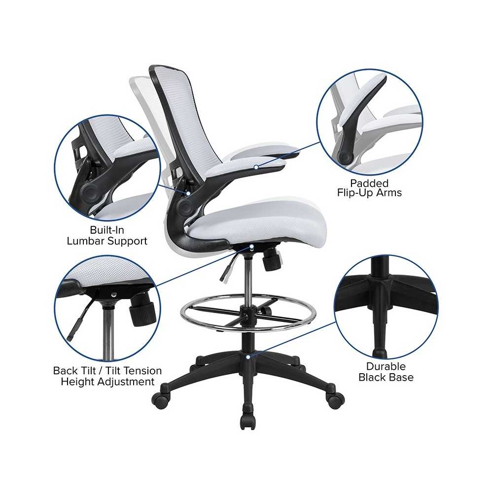 Mid-Back White Mesh Ergonomic Drafting Chair with Adjustable Foot Ring and Flip-Up Arms