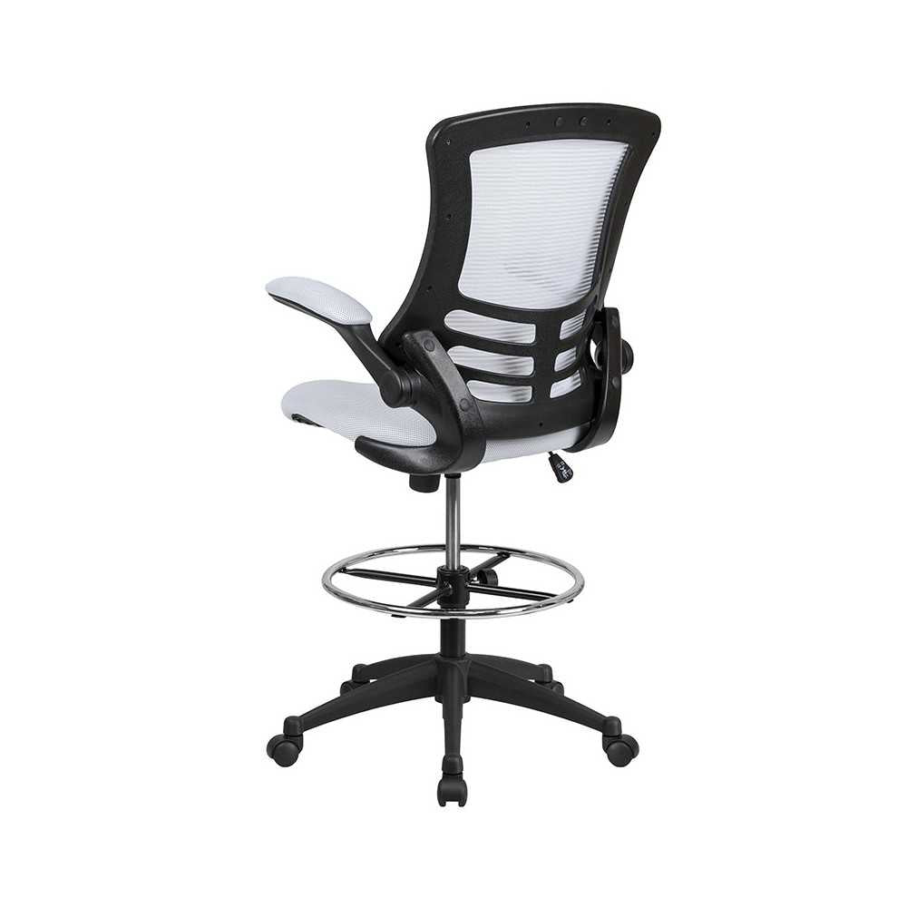 Mid-Back White Mesh Ergonomic Drafting Chair with Adjustable Foot Ring and Flip-Up Arms