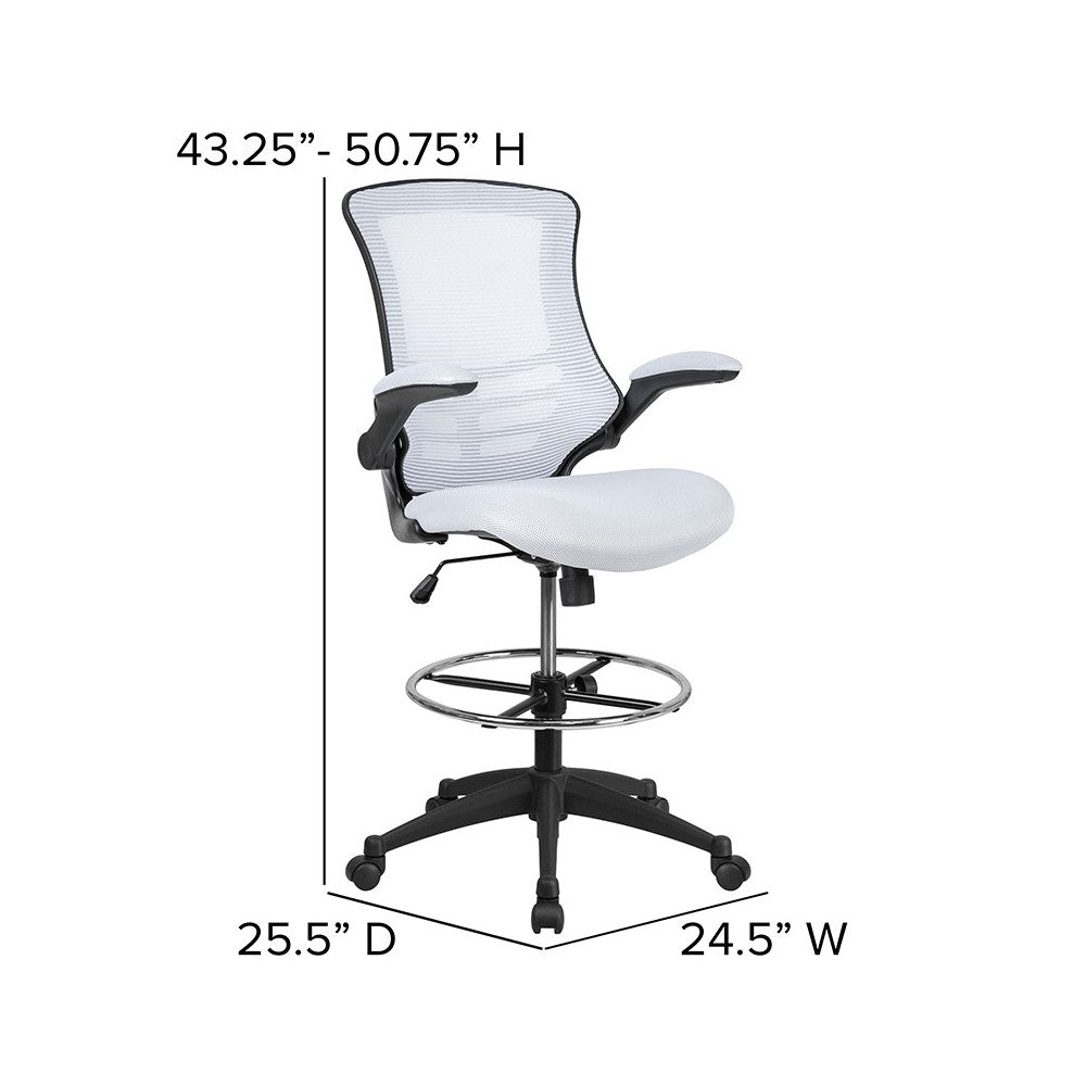 Mid-Back White Mesh Ergonomic Drafting Chair with Adjustable Foot Ring and Flip-Up Arms