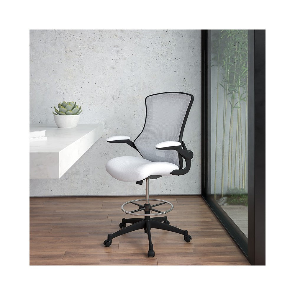 Mid-Back White Mesh Ergonomic Drafting Chair with Adjustable Foot Ring and Flip-Up Arms