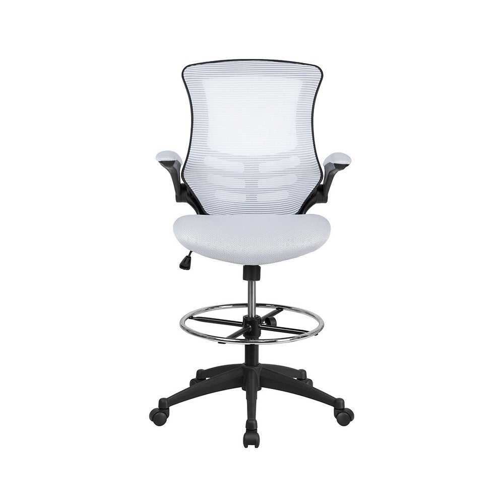 Mid-Back White Mesh Ergonomic Drafting Chair with Adjustable Foot Ring and Flip-Up Arms