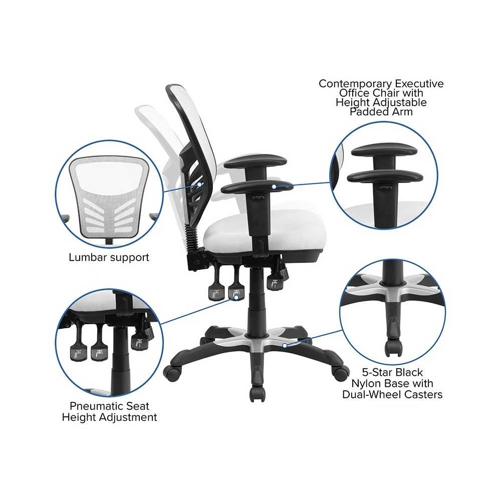 Mid-Back White Mesh Multifunction Executive Swivel Ergonomic Office Chair with Adjustable Arms