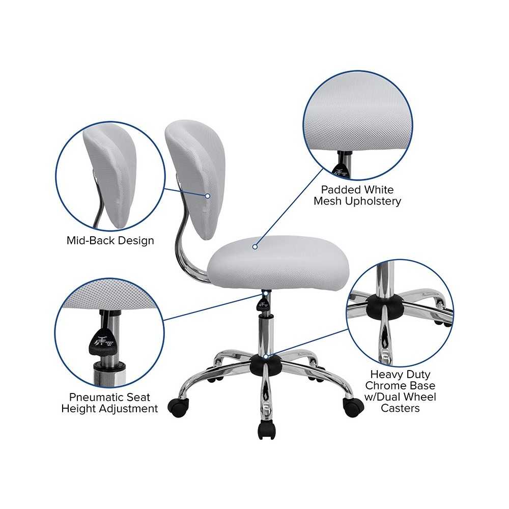 Mid-Back White Mesh Padded Swivel Task Office Chair with Chrome Base