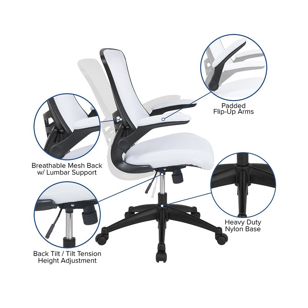 Mid-Back White Mesh Swivel Ergonomic Task Office Chair with Flip-Up Arms
