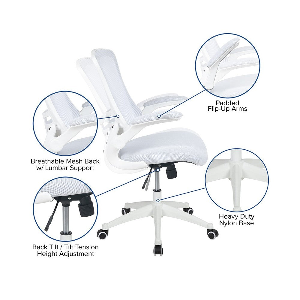 Mid-Back White Mesh Swivel Ergonomic Task Office Chair with White Frame and Flip-Up Arms