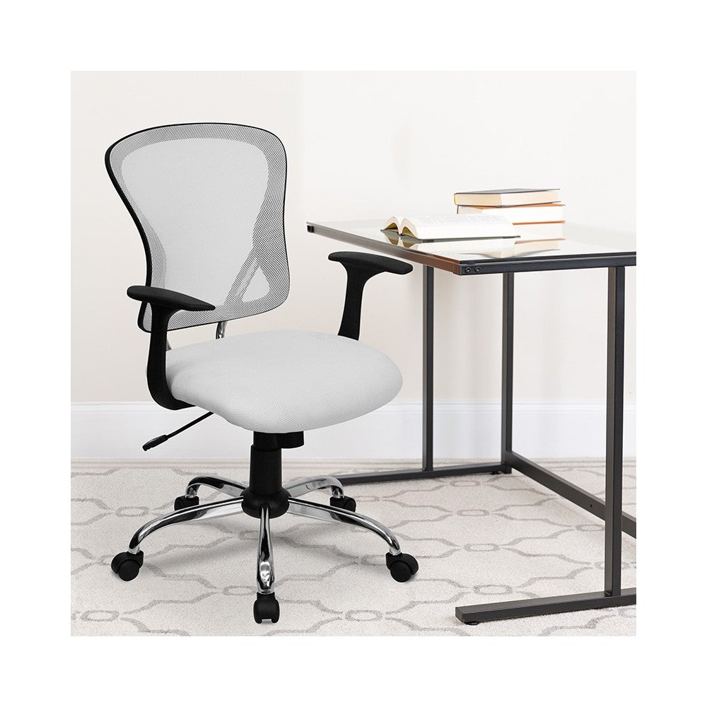 Mid-Back White Mesh Swivel Task Office Chair with Chrome Base and Arms