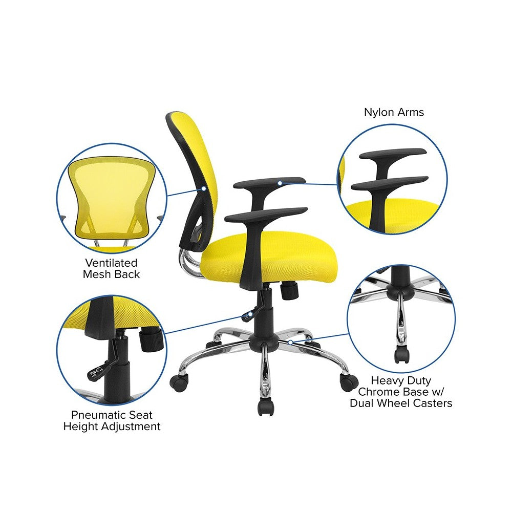 Mid-Back Yellow Mesh Swivel Task Office Chair with Chrome Base and Arms