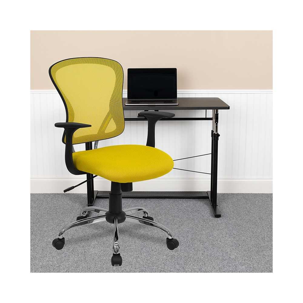 Mid-Back Yellow Mesh Swivel Task Office Chair with Chrome Base and Arms