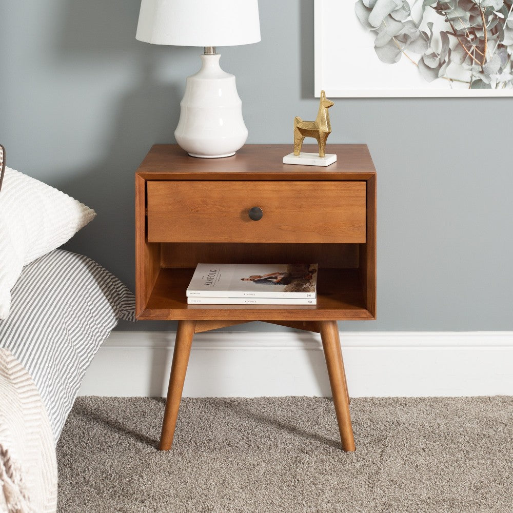 Mid Century 1 Drawer Solid Wood Nightstand - Caramel