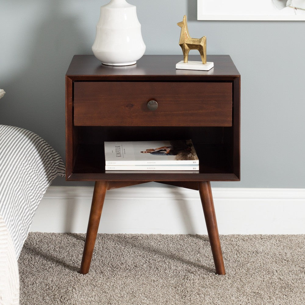 Mid Century 1 Drawer Solid Wood Nightstand - Walnut