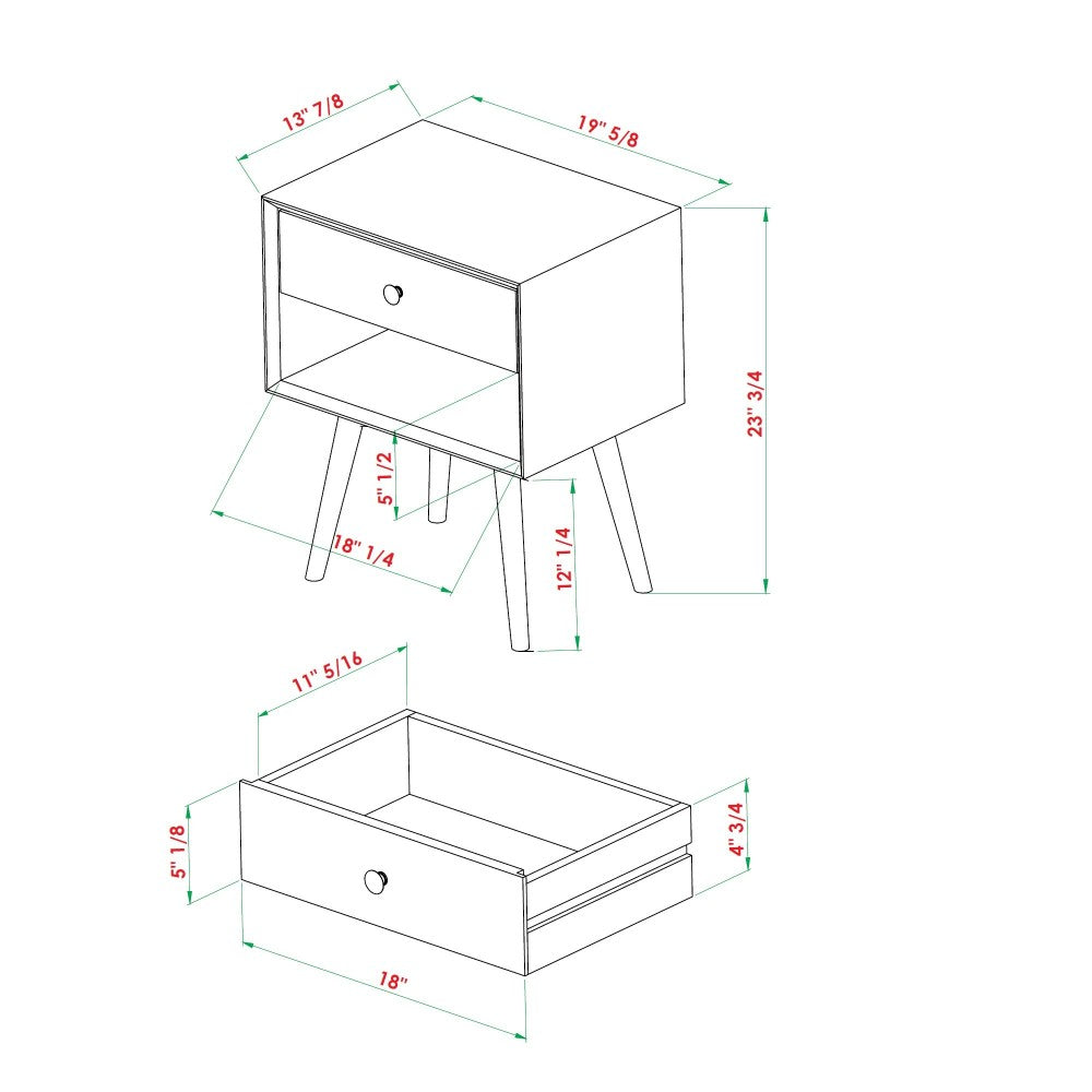 Mid Century Modern 1 Drawer Nightstand - White