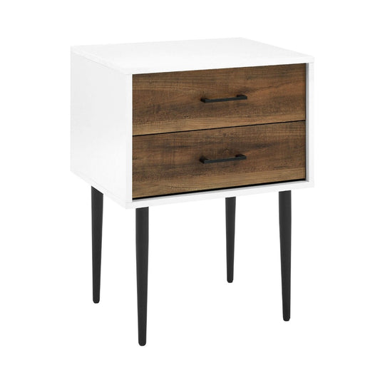 Mid-Century Modern 2-Drawer Tapered-Leg Nightstand - White/Rustic Oak