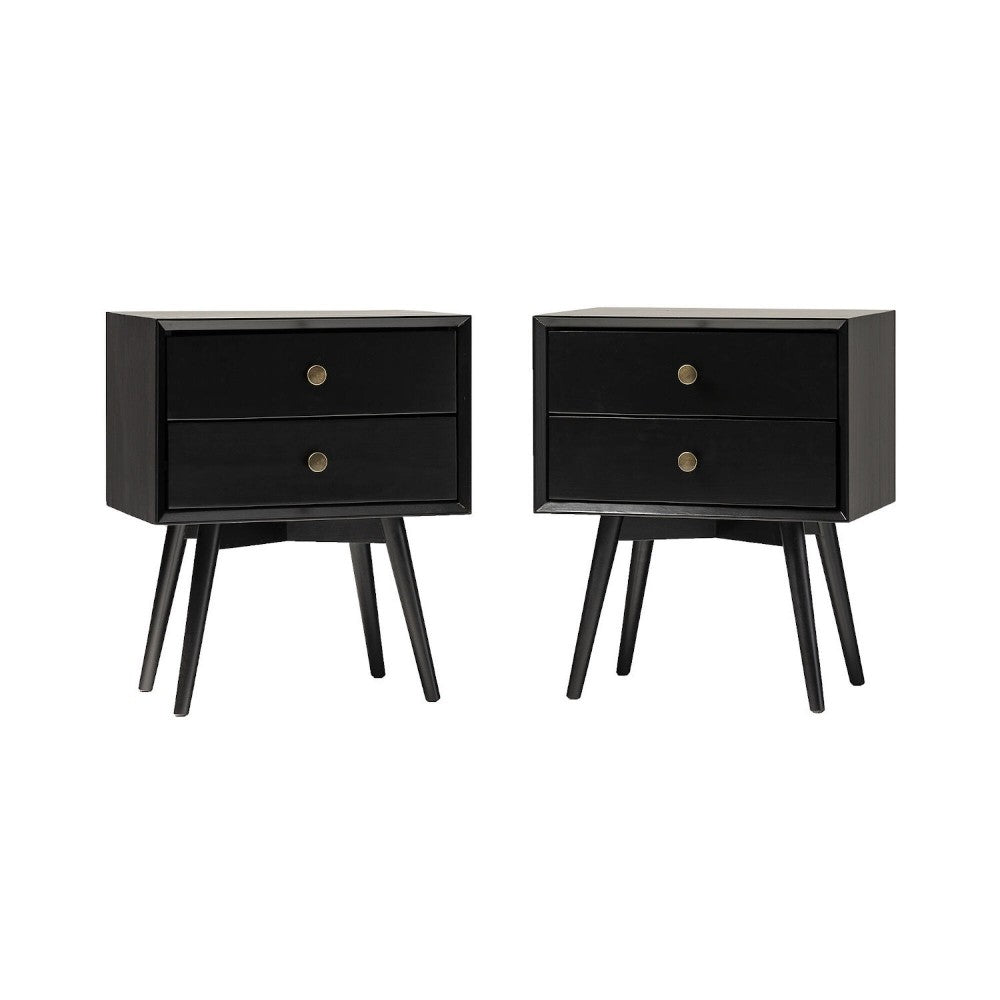 Mid Century Modern 2-Piece 2 Drawer Solid Wood Nightstand Set - Black