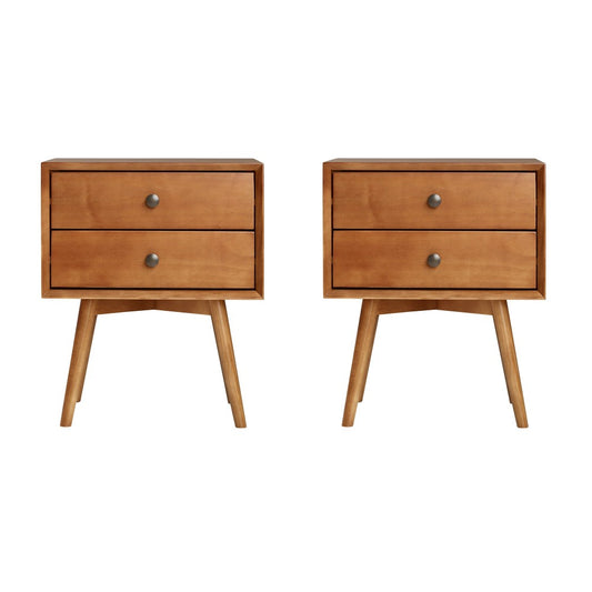 Mid Century Modern 2-Piece 2 Drawer Solid Wood Nightstand Set - Caramel