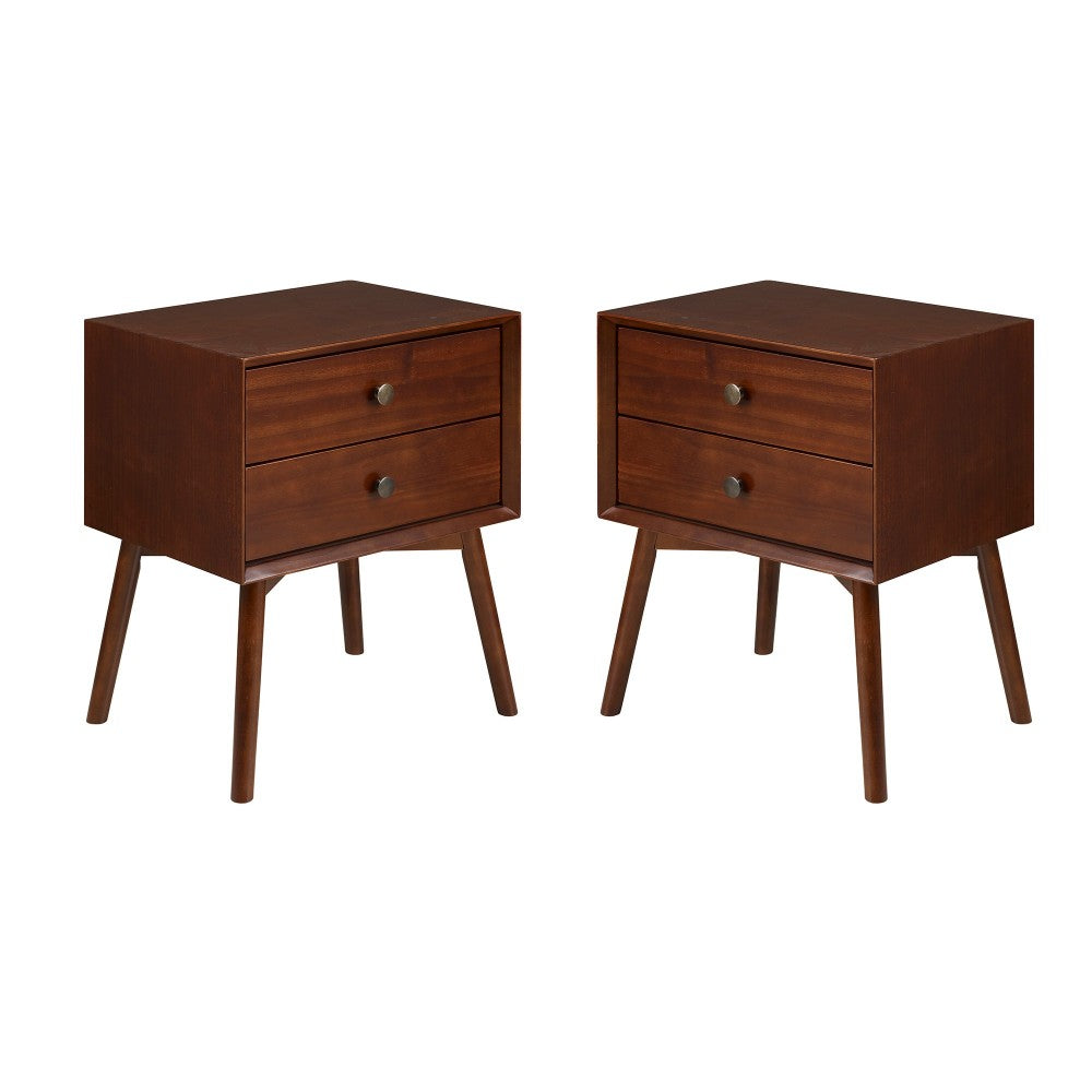 Mid Century Modern 2-Piece 2 Drawer Solid Wood Nightstand Set - Walnut