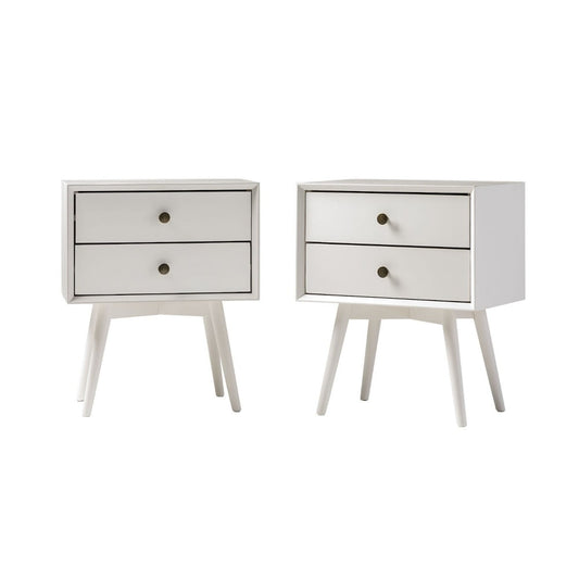 Mid Century Modern 2-Piece 2 Drawer Solid Wood Nightstand Set - White