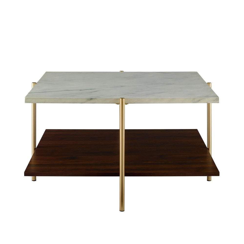 Mid Century Modern Square Coffee Table - Faux White Marble/Dark Walnut/Gold