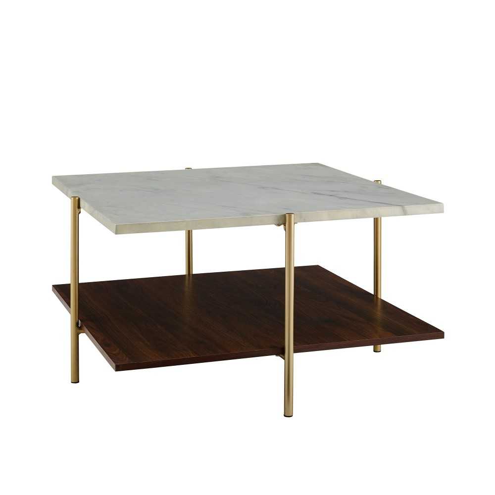 Mid Century Modern Square Coffee Table - Faux White Marble/Dark Walnut/Gold