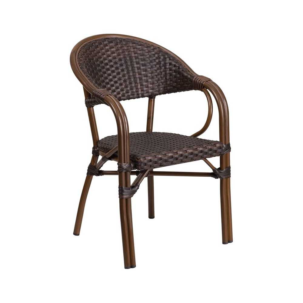 Milano Series Dark Brown Rattan Restaurant Patio Chair with Red Bamboo-Aluminum Frame