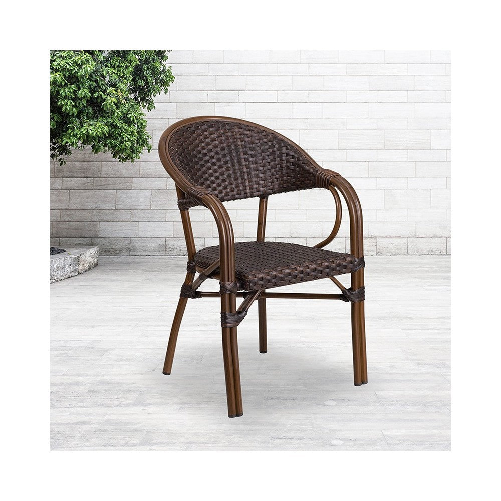 Milano Series Dark Brown Rattan Restaurant Patio Chair with Red Bamboo-Aluminum Frame