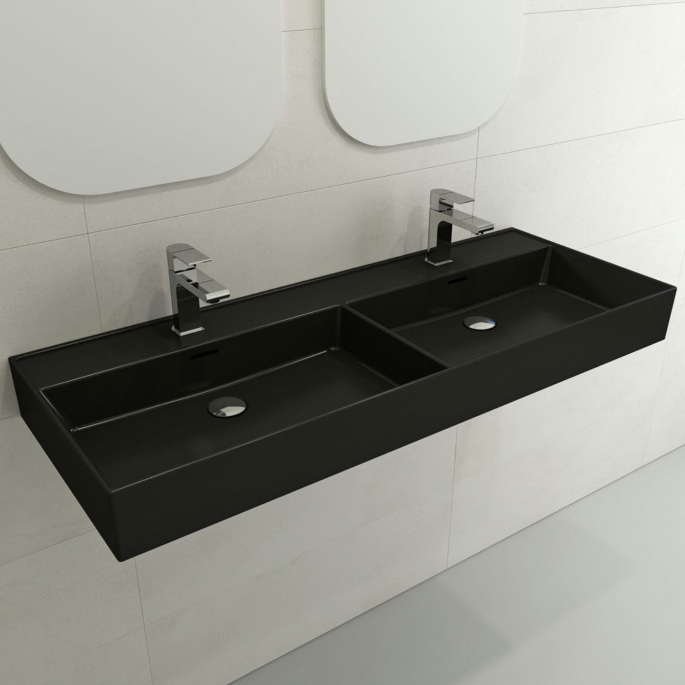 Milano Wall-Mounted Sink Fireclay 47.75 in. Double Bowl in Matte Black