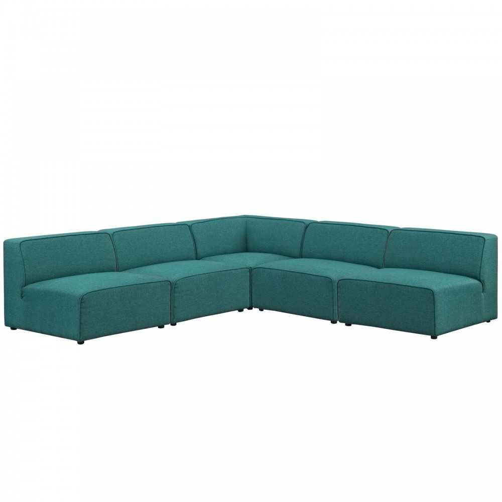 Mingle 5 Piece Upholstered Fabric Armless Sectional Sofa Set, Teal