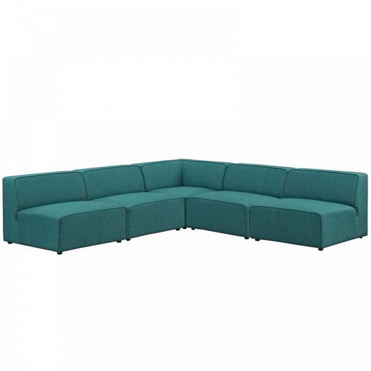 Mingle 5 Piece Upholstered Fabric Armless Sectional Sofa Set, Teal